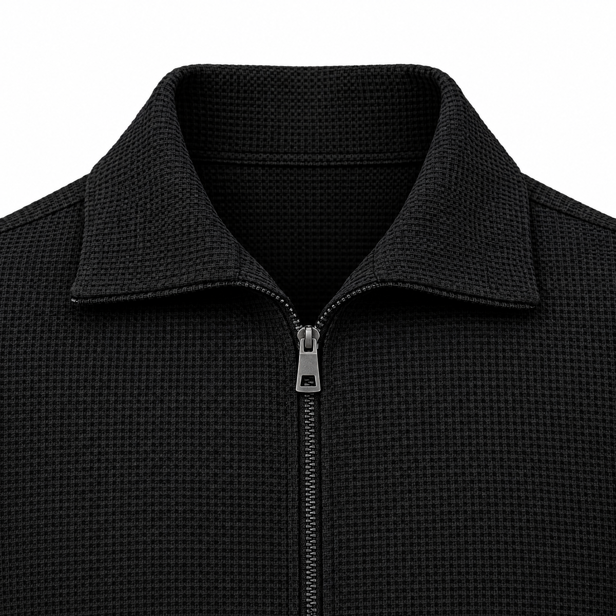 Waffle-Knit Stand Collar Jacket, collar and zip detail